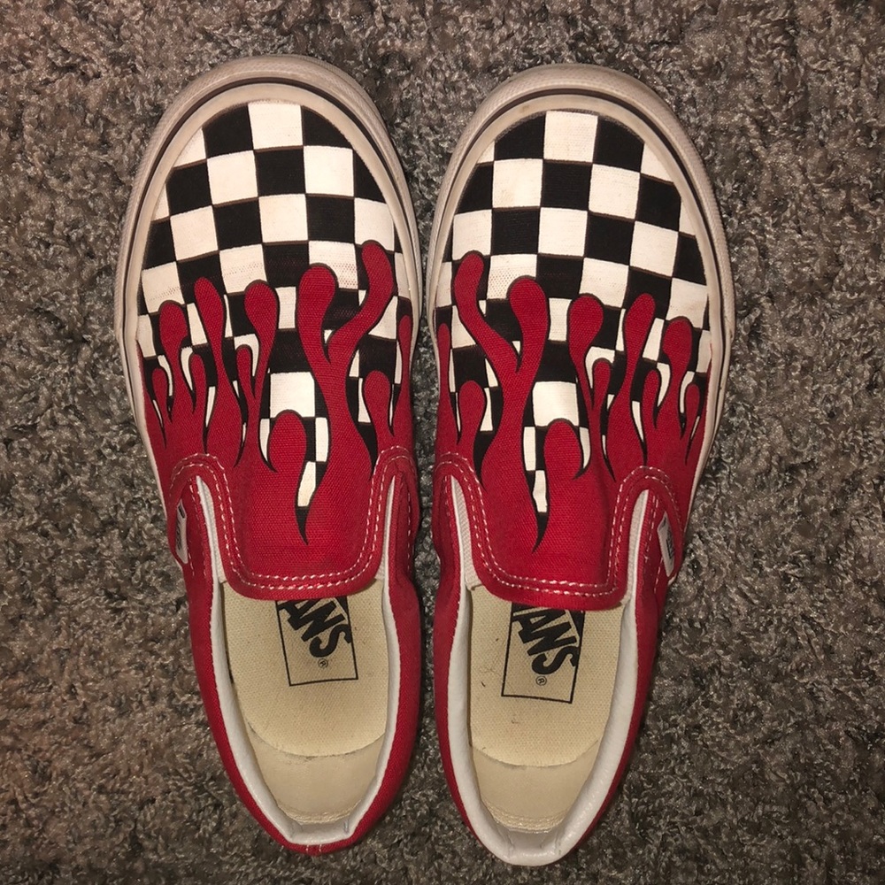 Vans Slip-ons, checkerboard flame, red and white